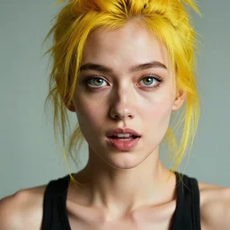 muscular thin woman with messy yellow hair young caucasian actress, boisterous, rugged, cute, modern style, 1 5 0 mm f 2. 8, close up face shot, hasselblad, art, brian ingram, steve mccurry, 4 k, dramatic lighting, eye reflections, cell shaded