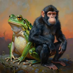 painting of hybrid frog and monkey!!!!!!!!!! fused together, intercrossed animal, by zdzislaw beksinski, by lewis jones, by mattias adolfsson, cold hue's, warm tone gradient background, concept art, digital painting