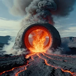 intergalactic stargate portal in the middle of a volcanic eruption, with lava and ash all around it by wes anderson