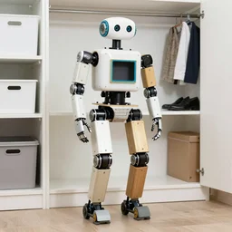 a humanoid bipedal robot made of spare parts and household materials standing in the closet