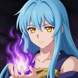 rimuru tempest from tensura holding purple fire in his palm, with amber eyes of golden colored eyes, straight hair, sky blue hair, long bangs, gothic attire, regal attire, concept art, award winning photography, digital painting, cinematic, wlop, 8 k, by ross tran, tom bagshaw, andy warhol