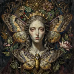 breathtaking detailed concept art painting of the goddess of death moth, orthodox saint, with anxious, piercing eyes, ornate background, amalgamation of leaves and flowers, by Hsiao-Ron Cheng, James jean, Miho Hirano, Hayao Miyazaki, extremely moody lighting, 8K