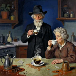 a colorful dark night painting of a old and strange dusty professor in black suite and hat and a old woman making a study of drinking 1 0 cups of black coffee in 5 seconds in a kitchen that is melting, styled by francis bacon