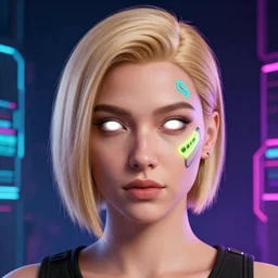 Koneru Humpy, neon face tattoo, cyberpunk background, straight hairstyle, white eyes, blonde hair, realistic render, short hair, unreal engine render, Icaro Carvalho