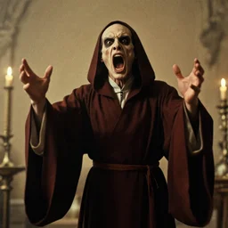 vintage photo of a terrified evil high priest mid exorcism, utterly terrifying, wide open mouth.