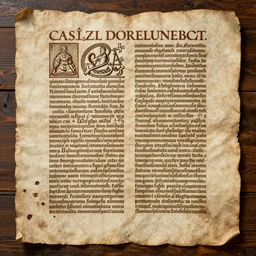 photo of ancient parchment with latin writing and illustrations on a wooden surface, cassius dio, amazing details, beautiful, intricate details, latin writing, latin words,