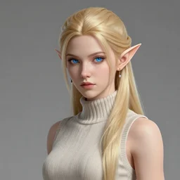 bust portait of beautiful elf lady, white skin, blue eyes, blonde, long tied ponytail, serious look, sleeveless turtle neck sweater, earrings, highly detailed, high fantasy, smooth, sharp focus, digital illustration, by rossdraws, frank franzzeta, artgerm