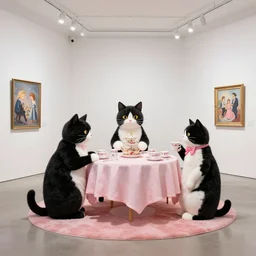 calico cat trio enjoying a fancy english tea party, contemporary installation, 2 0 2 2, vernissage photograph