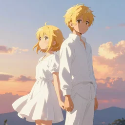 A full body portrait of twin brother and sister with golden short hair as Kimi no na wa, white wearing, digital art, fantasy art, volumetric lighting, dreamy and ethereal, sunset, art by Kyoto Animation, anime illustration, trending on Pixiv.