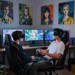 a man ignoring a beautiful anime woman sat next to him, reclines in a gaming computer chair wearing a vr headset and headphones holding a game controller, in a domestic interior filled with screens by james jean and luc tuymans and beeple and hernan bas and pat steir and hilma af klint, psychological, 3 d, dripping paint, high quality render, masterpiece