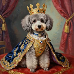 the royal king's poodle puppy by greg hildebrant lisa frank vaporwave fancy rococo baroque regal oil painting high quality award winning clothed in fancy garb