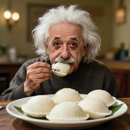 A photo of Albert Einstein eating Idli , highly detailed, trending on artstation, bokeh, 90mm, f/1.4