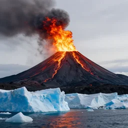 a burning volcano next to a iceberg, high quality, cinematic, digital concept, by outcrowd