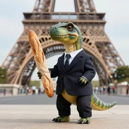 a real photo by saul leiter of a small anthropomorphic dinosaur wearing a suit and standing in paris while holding a baguette