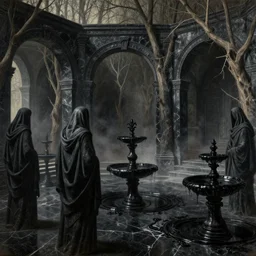 colonial ghost town made of black marble, stoic, shadowy figures covered in drapery, archways of dry trees, fountains of black ink, light dust, magnificent, hyperdetailed, theatrical, close up, masterpiece, painted by jean honore fragonard and greg rutkowski and rob alexander