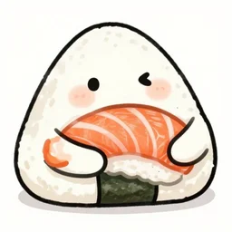 cartoon drawing of a rice ball hugging a slice of sashimi salmon, plain background, close-up