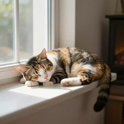 a tortoise coloured cat sleeping by the window in the sunlight, afternoon sun, fireplace in the corner