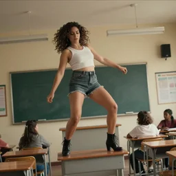 film still of stylish woman dancing on school desk, tilted frame, 3 5 °, dutch angle, cinematography from music video