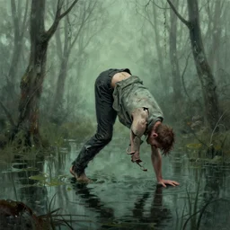 a twisted and backwards and broken man who walks on his hands in a swamp. art by tomasz alen kopera.