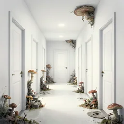 a bright white hallway with many doors and stairs full of fungus and mushrooms and rot, Mc Escher architecture, decay, by makoto shinkai