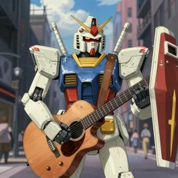 gundam robot playing guitar, city street backdrop by hayao miyazaki, anime screenshot