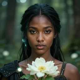 beautiful portrait, ( ( head shot ) ), brown skin, sharp focus, ffxiv, neo classic, bloom, movie still, dogi, sony, symmetrial, makeup, sephora, loreal, green highlights, lens flare, studio light, octane render, maybelline, model, forest, traditional, vsco, bokeh, 8 k
