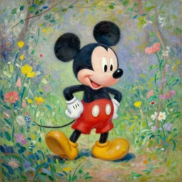 mickey mouse entering the garden of eden, oil painting by monet, masterpiece