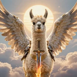A beautiful fierce llama angel with wings, wearing metal battle armor and a flaming sword, among heavenly sunlit clouds, symmetric, winged, close-up, intricate anthro llama portrait, elegant, digital llama painting, golden hour photo, cinematic, trending on artstation, anthro concept art, smooth, sharp focus, llama, illustration, art by artgerm and Greg Rutkowski and Alphonse Mucha, daily deviation, llama llama, anthro art masterpiece