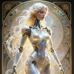 an extremely beautiful, gorgeous, elegant and sophisticated young mechanoid woman, organic body armor, an ultrafine detailed masterpiece by james jean, by alphonse mucha, intricate, unreal engine 5 highly rendered, global illumination, radiant light, detailed, fine fiberglass, luminous, translucent, volumetric light, exobiology, futuristic