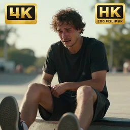 tony hawk crying, he has no legs, photograph, hyper realistic, outdoors, midafternoon, 4 k, artstation, unreal engine, cinematic