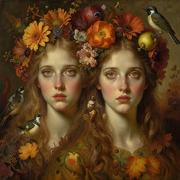 breathtaking detailed concept art painting blend of two goddess of autumn by volegov with anxious piercing eyes, vintage illustration pattern with bizarre compositions blend of flowers and fruits and birds by beto val and john james audubon, exquisite detail, extremely moody lighting, 8 k