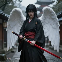black shrine maiden with red Katana, Kyoto, Japan, atmospheric, mysterious, godness, angel, ultra realistic, high quality, ultra details, 4k, 8k