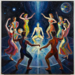 a beautiful masterpiece painting of people who dance around ( in a space disco ) and suppose while the secret sits in the middle and knows, oil painting by cuno amiet, andrey remnev, frank stella, james jean, kazimir malevich, pavel filonov, robert rauschenberg, prismatic, glowing, raven black, trending on artstation