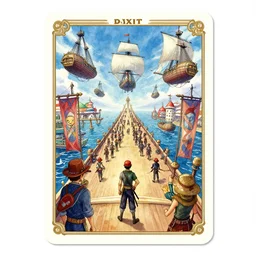 dixit card, vanishing point, docks, airships, banners, parade, skypirate, porko rosso, foreground watcher, intricate, amazing composition, colorful watercolor, by ruan jia, by maxfield parrish, by shaun tan, by nc wyeth, by michael whelan, by escher, illustration, volumetric, bloom, sun puddle