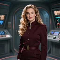 A Rock as the Doctor in his burgundy costume in the Tardis secondary control room