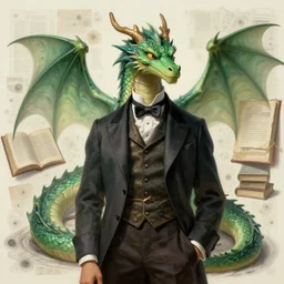 anthropomorphic art of a businessman dragon, green dragon, portrait, victorian inspired clothing by artgerm, victo ngai, ryohei hase, artstation. fractal papers and books. highly detailed digital painting, smooth, global illumination, fantasy art by greg rutkowsky, karl spitzweg