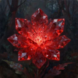 A highly detailed oil painting of a blood red, crystal flower glowing bright red in the middle of a dark forest, by Greg Rutkowski.