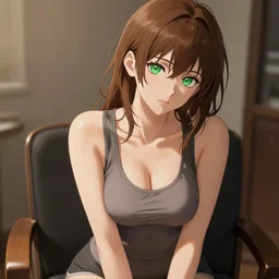 sexy girl with brown hair and green eyes, wearing a tanktop, sitting on a chair, highly detailed, in the style of and ilya kuvshinov and greg rutkowski, high quality anime artstyle, intricate