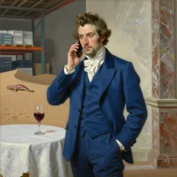 baroque oil painting handsome aristocrat in blue suit using an android phone in warehouse, painted by greg rutkowski cushart krentz jeremy mann, dune sandworm, wine glass, marble interior, front view, soft lighting, elegant, morandi color scheme, white embroidered tablecloth, baroque style