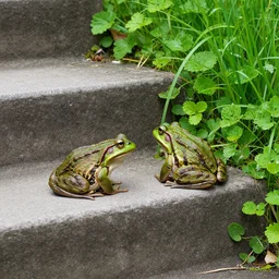 two frogs sitting on concrete stairs, among green plants and grass