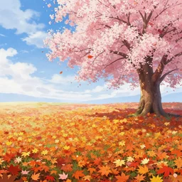 landscape, autumn, falling leaf, full of colorful flower, sakura tree, beautiful cloud, quiet, no people, anime background,, illustration, sharp focus, intricate, smooth, super wide angle, trending on artstation, trending on deviantart