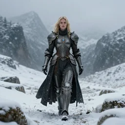 female knight treking in the alp while its snowing, dressed, blonde hair, symmetry, sci - fi, dark fantasy light, perfect composition, 4 k, ultra hd, sense of awe, highly detailed, realistic, intricate, created by wayne barlowe, greg rutkowski