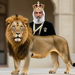 photo of mohammad reza pahlavi, is wearing a crown, a lion is standing by his side
