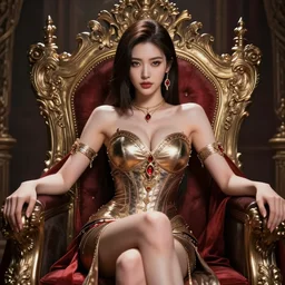 portrait of a beautiful dominant asian queen with medium length hair, sitting on her throne, digital art by ross tran, highly detailed, intricate, hyperrealism, dynamic lighting
