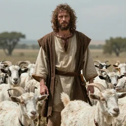 Cinematic still of ugly Mediterranean skinned man dressed in Biblical Shepherd Clothing with a flock of goats, Biblical epic film dramatic angles, directed by Steven Spielberg