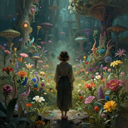 back view of a woman standing on a rock looking down into the vast floral alien geography trending on artstation wlop artgerm greg rutkwoski gaston bussiere alphonse mucha 3 2 k 1 6 k resolution dark grim lively beautiful good charismatic