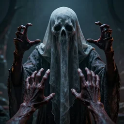 ghost with 4 hands, head covered, scary, evil, cinematic, award winning, hd, art, hell, 3 d, depth of field, highly intricated, photorealistic