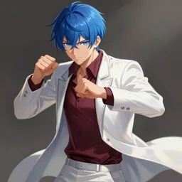 Tall anime guy with blue eyes, blue hair wearing bordeaux shirt and white elegant jacket drawn, in a fighting stance, digital painting, artstation, concept art, soft light, hdri, smooth, sharp focus, illustration, art by tian zi and craig mullins and WLOP and alphonse mucha, visual novel sprite
