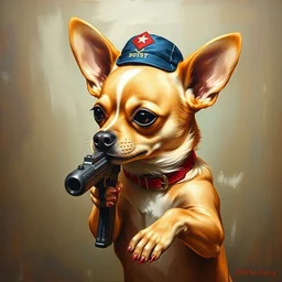 painting art chihuahua holding gun