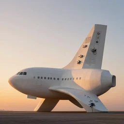 photo of minimalist abstract cubist sculpture of curvy spaceship with random small mecha mayan decorations, covered with few large white airplane parts with windows and doors, gigantic size, sunset